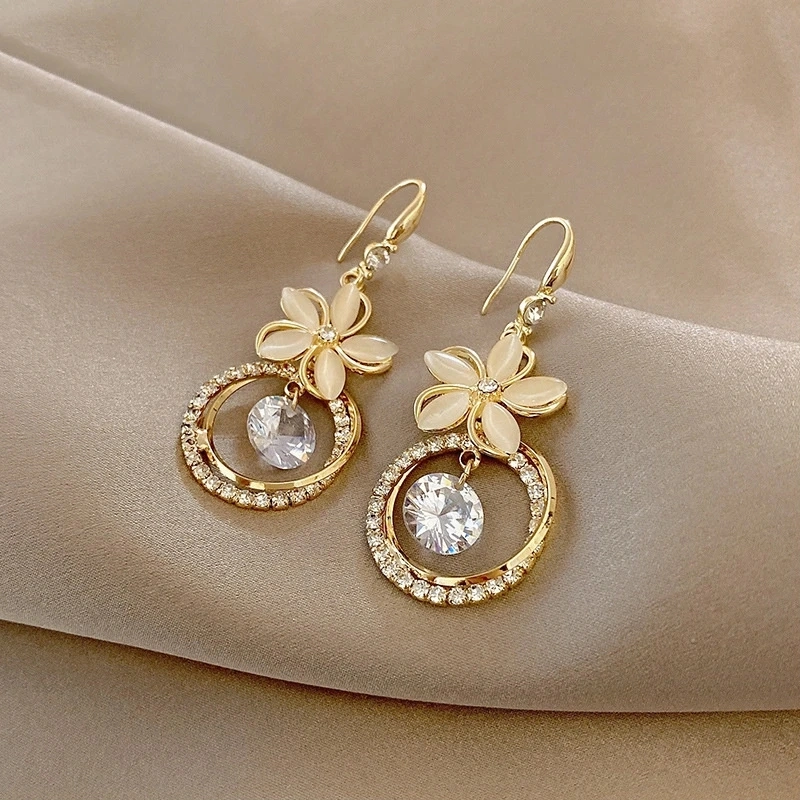 Korean Crystal Zircon Flower Pendant Earrings Fashion Party Jewelry