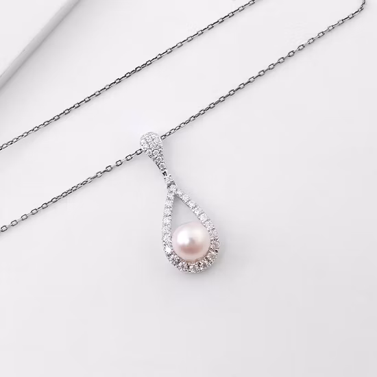 ダイヤモンド パール ネックレス 14K ホワイト ゴールド パール ネックレス 本物の淡水パール ダングル ペンダント ブライダル ウェディング ジュエリー